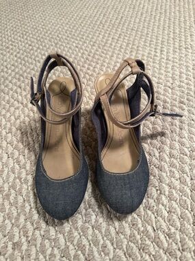 Calvin Klein Jeans Denim Wedge Pumps with Tan Ankle Straps